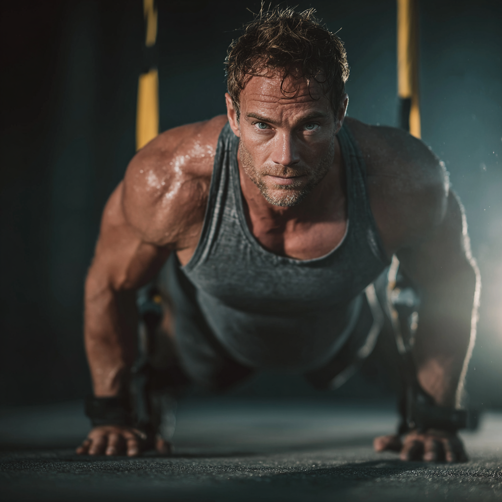 Athletic man performing functional training exercises with perfect form and determination