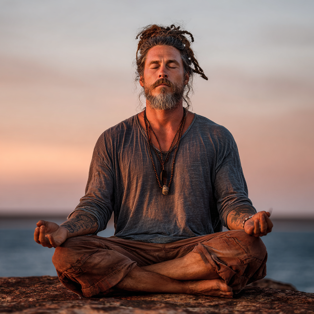 Focused man in meditation pose demonstrating mental strength and inner peace