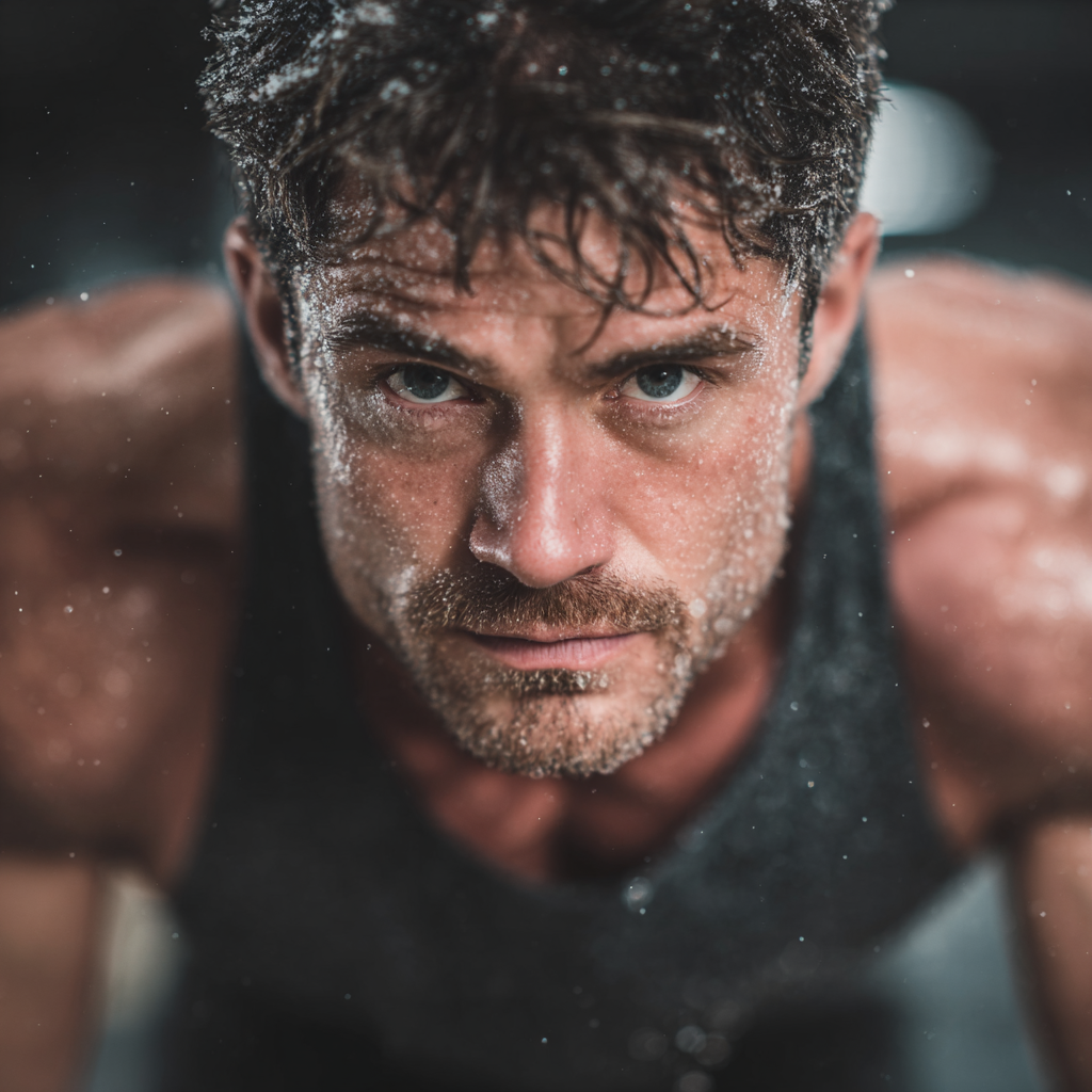 Strong determined man in gym training with focus and intensity